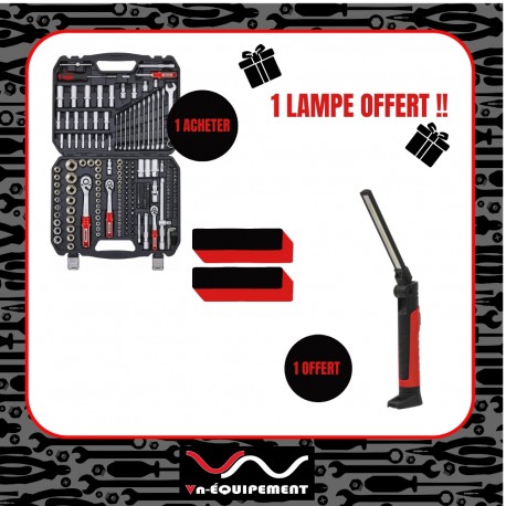 LOT coffret douille/cliquet + 1 Lampe 700 lumen offert