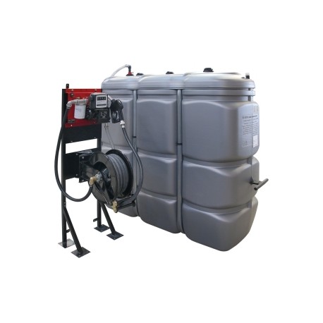 Cuve de stockage gasoil PEHD DP 2000L avec kit support, station gasoil 60 l/min, enrouleur automatique 10m Ø 20mm