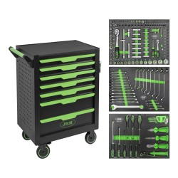 Servante d'atelier 7 tiroirs verte équipée 154 pièces avec modules EVA finition fibre de carbone