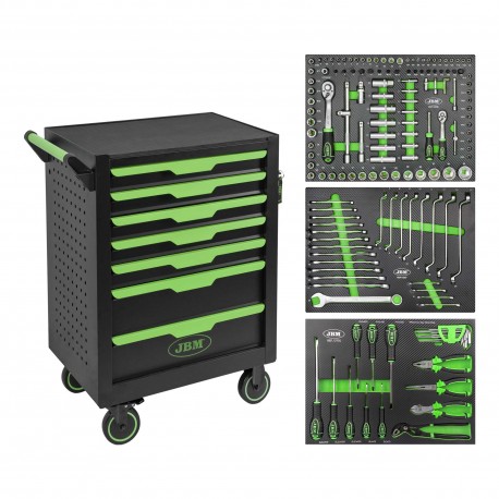 Servante d'atelier 7 tiroirs verte équipée 154 pièces avec modules EVA finition fibre de carbone