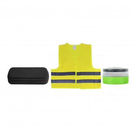 Kit d'urgence automobile avec sac EVA, balise de signalisation V16 homologuée et gilet de sécurité haute visibilité