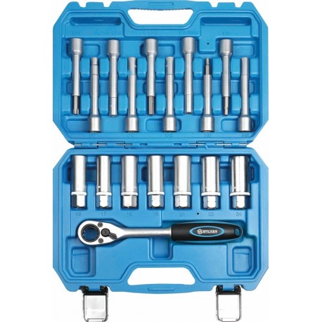 Coffret d'outils pour démontage de têtes d'amortisseurs 18 pièces avec douilles traversantes et cliquet