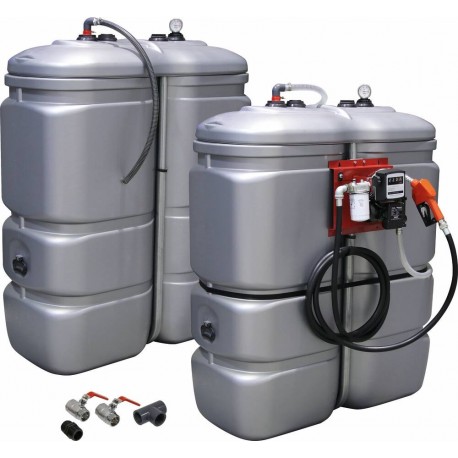 Kit de 2 cuves de stockage gasoil PEHD double paroi 2 x 1000 L avec pompe 230 V 60 L/min