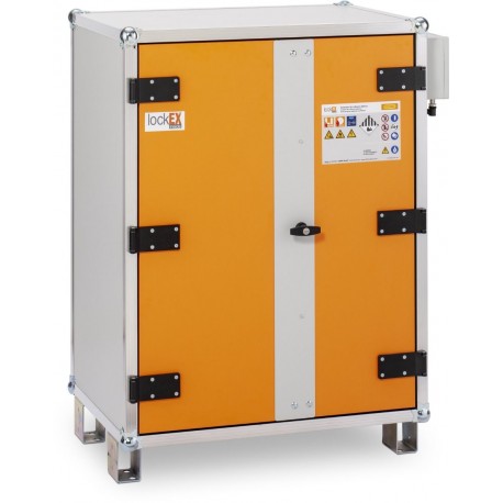 Armoire de sécurité anti-feu lockEX® 2.0 8/10 Premium SIM 400 V avec pieds pour batteries lithium-ion Balise Title