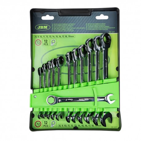 Jeu de 12 clés mixtes à cliquet 72 dents en acier – Profil 12 pans, tailles de 8 à 19 mm pour usage professionnel