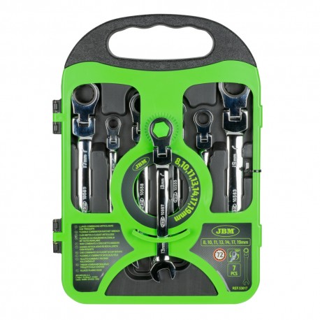 Jeu de 7 clés mixtes à cliquet articulées 72 dents – Profil 12 pans, dimensions de 8 à 19 mm pour usage professionnel