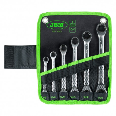 Jeu de 6 clés à cliquet 72 dents doubles 8 à 19 mm – Profil 12 pans pour serrage rapide en espaces restreints