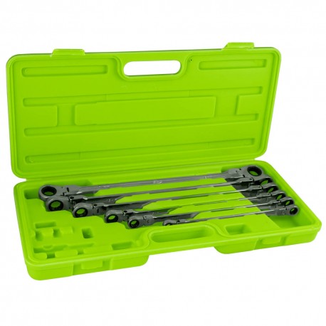 Jeu de 6 clés mixtes à cliquet articulées en coffret avec profil 12 pans et mécanisme 72 dents de 8x9 à 17x19 mm
