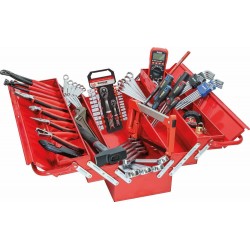 Caisse à outils complète 100 outils avec caisse métallique 5 cases, cliquets, douilles, clés mixtes et pinces