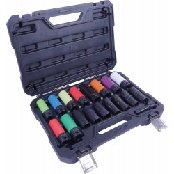 Jeu/Coffret de 18 douilles à chocs 1/2" pour écrous antivol, abîmés ou intacts avec douilles réversibles et Twist