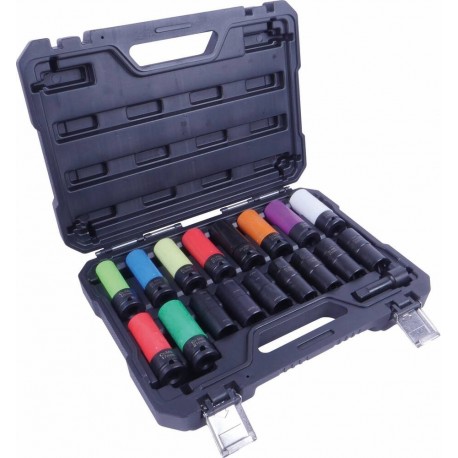 Jeu/Coffret de 18 douilles à chocs 1/2" pour écrous antivol, abîmés ou intacts avec douilles réversibles et Twist