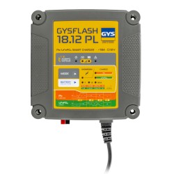 Chargeur de batterie modèle GYS GYSFLASH 18.12 PL, 18 A 12 V pour batteries plomb et LiFePO4 avec modes Showroom et Supply