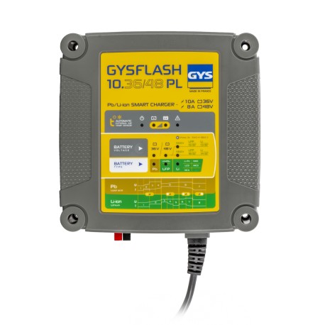 Chargeur de batterie modèle GYSFLASH 10.36/48 PL, 10 A multitension 36 V à 48 V pour batteries plomb, lithium-ion et LiFePO4