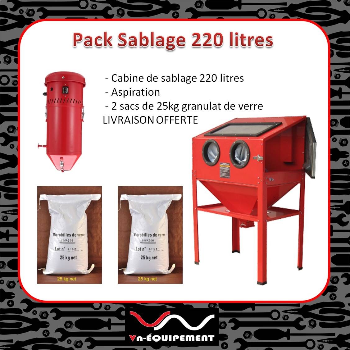 Pack cabine de sablage 220L avec aspiration et 50kg de microbille