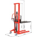 Gerbeur hydraulique manuel 1 tonne avec levée jusqu'à 3 m, fourches 1100 x 580 mm et roues en nylon pour manutention