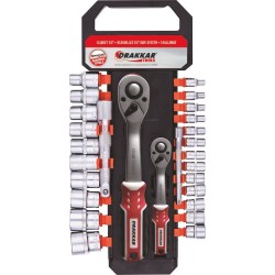 Cliquets 1/4" et 1/2" 72 dents avec 23 douilles de 4 à 24mm et rallonges - présentoir de 27 pcs