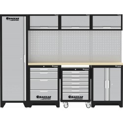Mobilier / cuisine d'atelier longueur 2640mm comprenant 10 éléments de rangement et 1 plande travail en hêtre