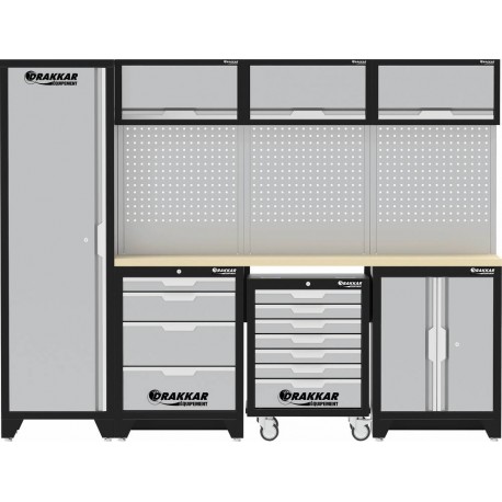 Mobilier / cuisine d'atelier longueur 2640mm comprenant 10 éléments de rangement et 1 plande travail en hêtre