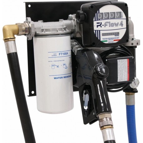 Pompe à gasoil 230V 100 l/min avec pistolet automatique, volucompteur mécanique, filtre - station murale