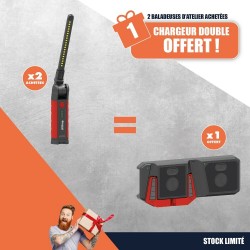 Lot de 2 baladeuses d'atelier LED 1000 lumens repliables réf.82300 et 1 chargeur réf.82225 offert