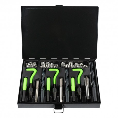 Kit complet d’inserts hélicoïdaux M12x1.75, M14x2, M16x2 avec forets, tarauds, outils d’insertion et spirales – 39 pièces