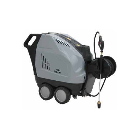 Nettoyeur HP eau chaude tri 380V – 21 l/min – 200 bar – enrouleur 20m – lance turbo – Total Stop – LIVRAISON GRATUITE