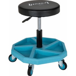 Tabouret d’atelier réglable à vérin pneumatique – charge 150 kg – assise épaisse Ø 350 mm avec porte-outils intégré