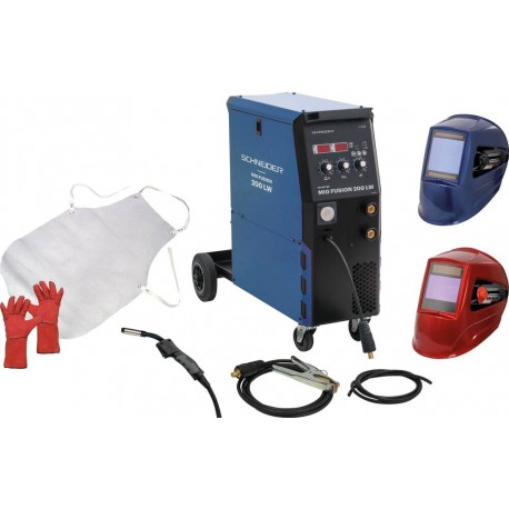 Lot complet poste à souder inverter MIG Fusion 200LW 230V avec 2 cagoules automatiques, gants, tablier cuir