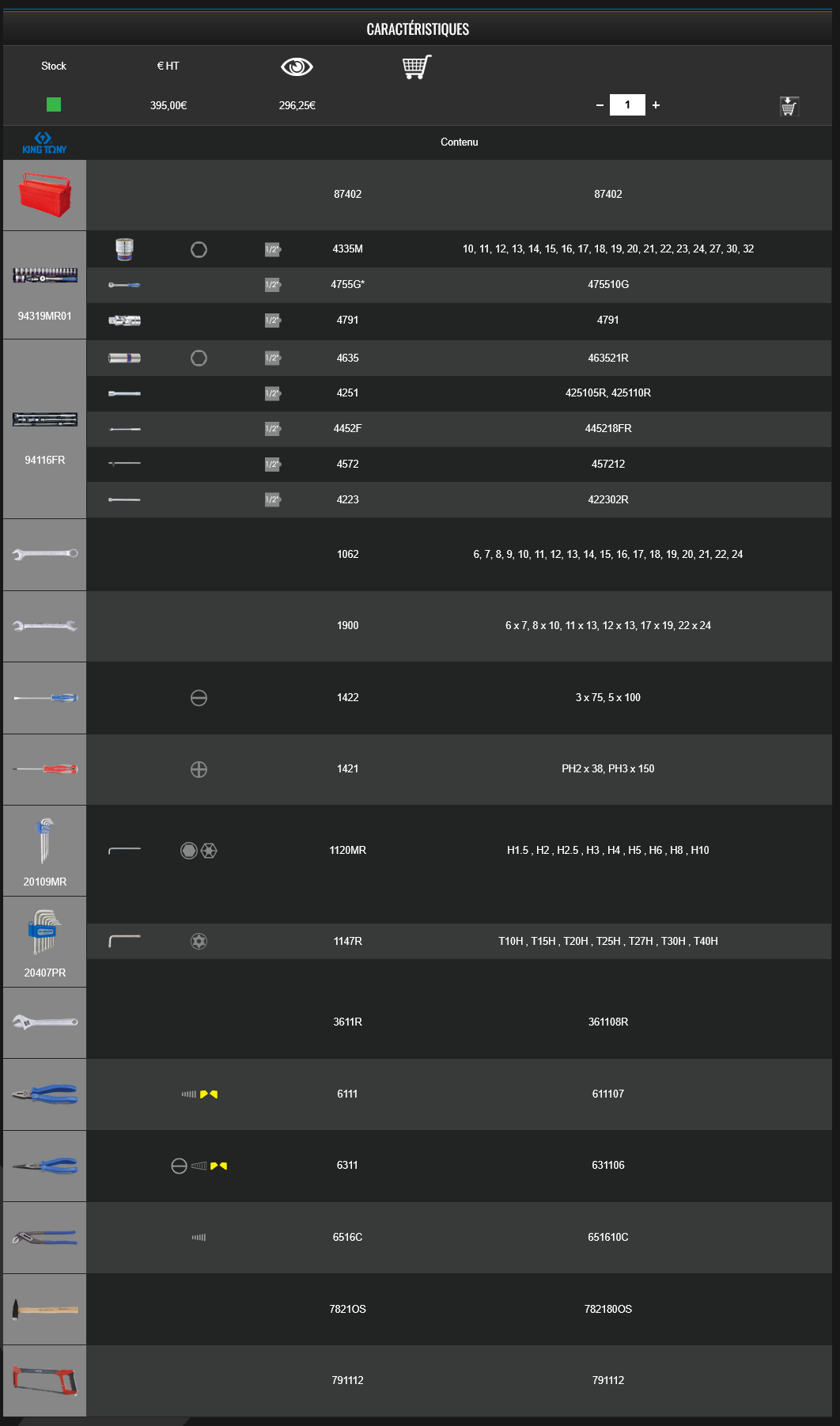 Outils King Tony qui compose la caisse à outils 902076MR