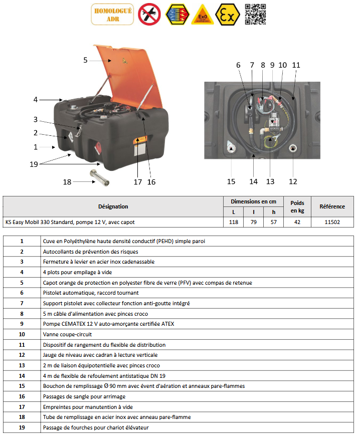 Cuve de ravitaillement essence 330 litres, pompe 12V et avec capot
