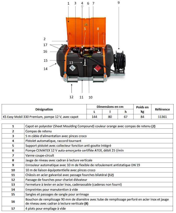 Cuve de ravitaillement essence 330 litres avec enrouleur 10m, pompe 12V et avec capot
